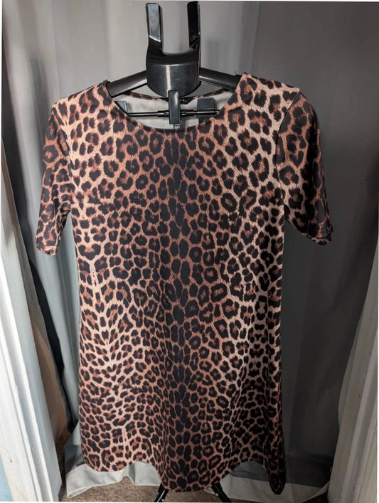 Peacocks leopard print shift mini dress in black and brown with scoop neckline and short sleeves.