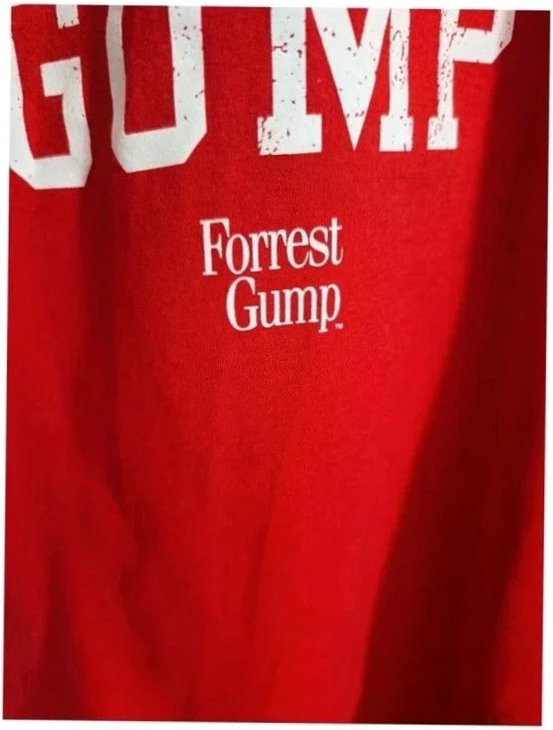 Forrest Gump red graphic t-shirt featuring number 44 print, 100% cotton, retro style.