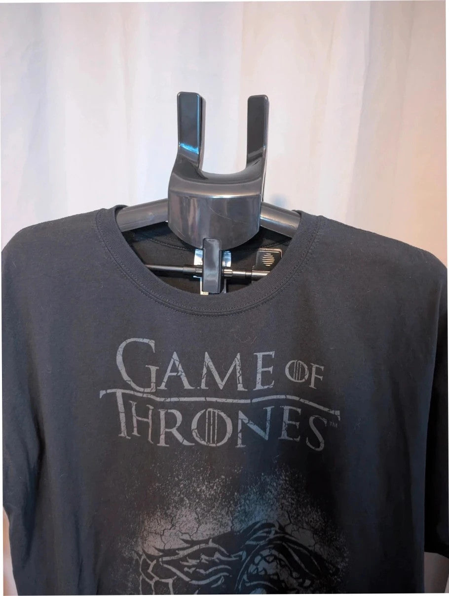 Game of Thrones black graphic tee featuring distressed House Stark direwolf sigil and logo.