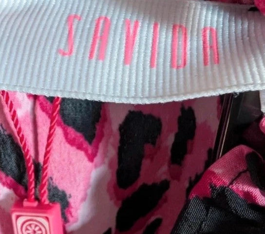 Savida pink and black leopard print mini dress with ruffle details and frill neckline.