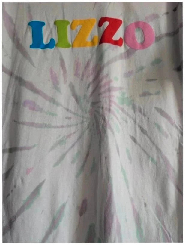 Lizzo Official Merch multi tie dye graphic t-shirt with puff print lettering and crew neck.