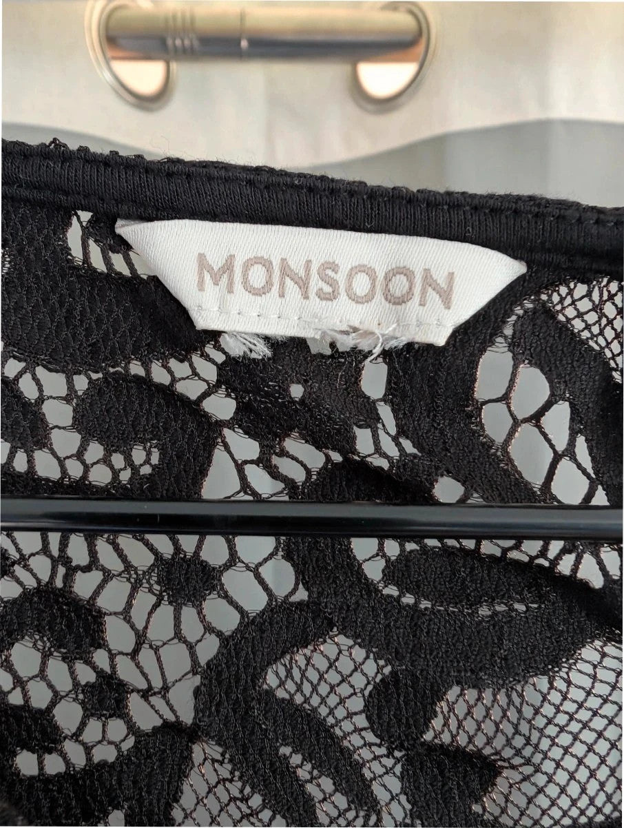 Monsoon black sheer floral lace mini dress with 3/4 sleeves and scoop neckline.
