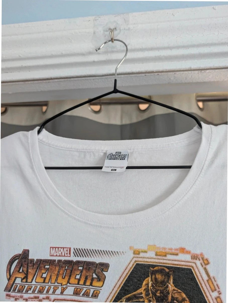 Marvel white graphic tee featuring Black Panther, Iron Man, and Captain America prints.