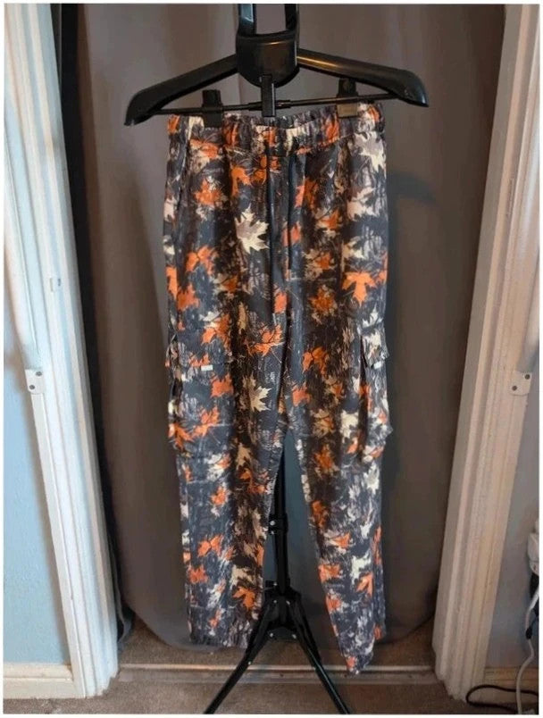 Crafted grey orange leaf camo cargo trousers with multiple pockets and elastic waistband.