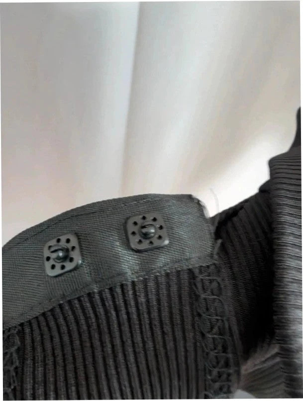 Select black ribbed long sleeve collared bodysuit with deep v-neck and popper fastenings.