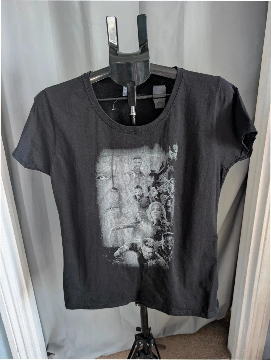Marvel graphic tee black featuring Thanos and character collage in monochrome print.