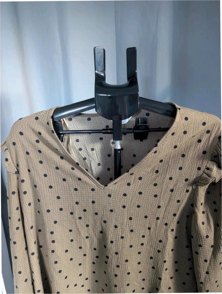 Primark khaki green polka dot tunic dress with ruffle sleeves and V-neckline.