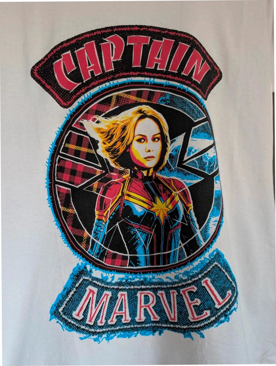 Marvel white graphic t-shirt featuring Captain Marvel print and retro patch-style lettering.