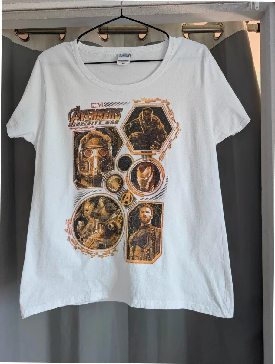 Marvel white graphic tee featuring Black Panther, Iron Man, and Captain America prints.