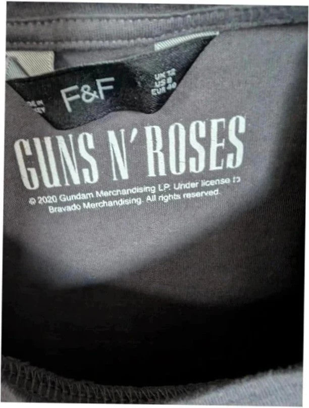 F&F grey graphic t-shirt featuring Guns N' Roses 1991 tour artwork in pink and green.