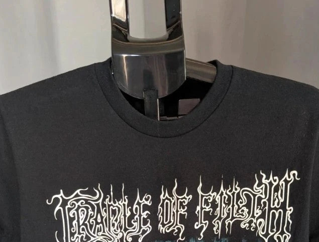 Official Cradle Of Filth black graphic tee featuring band portrait and tour dates on back.