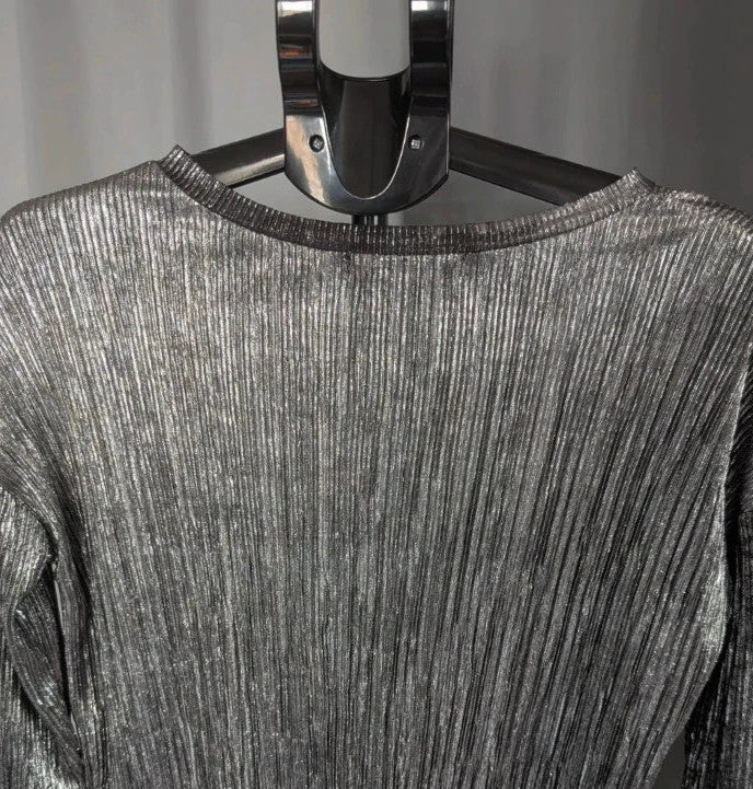Bershka silver plissé pleated tunic top with scoop neckline and dropped shoulders.