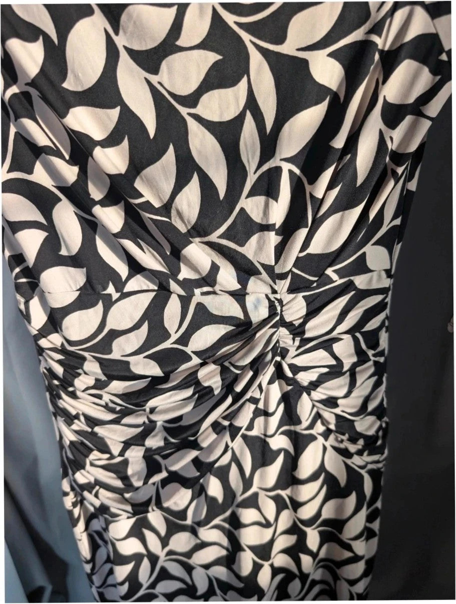 Laura Ashley midi dress black white leaf print, ruched waist, 3/4 sleeves, smooth jersey.