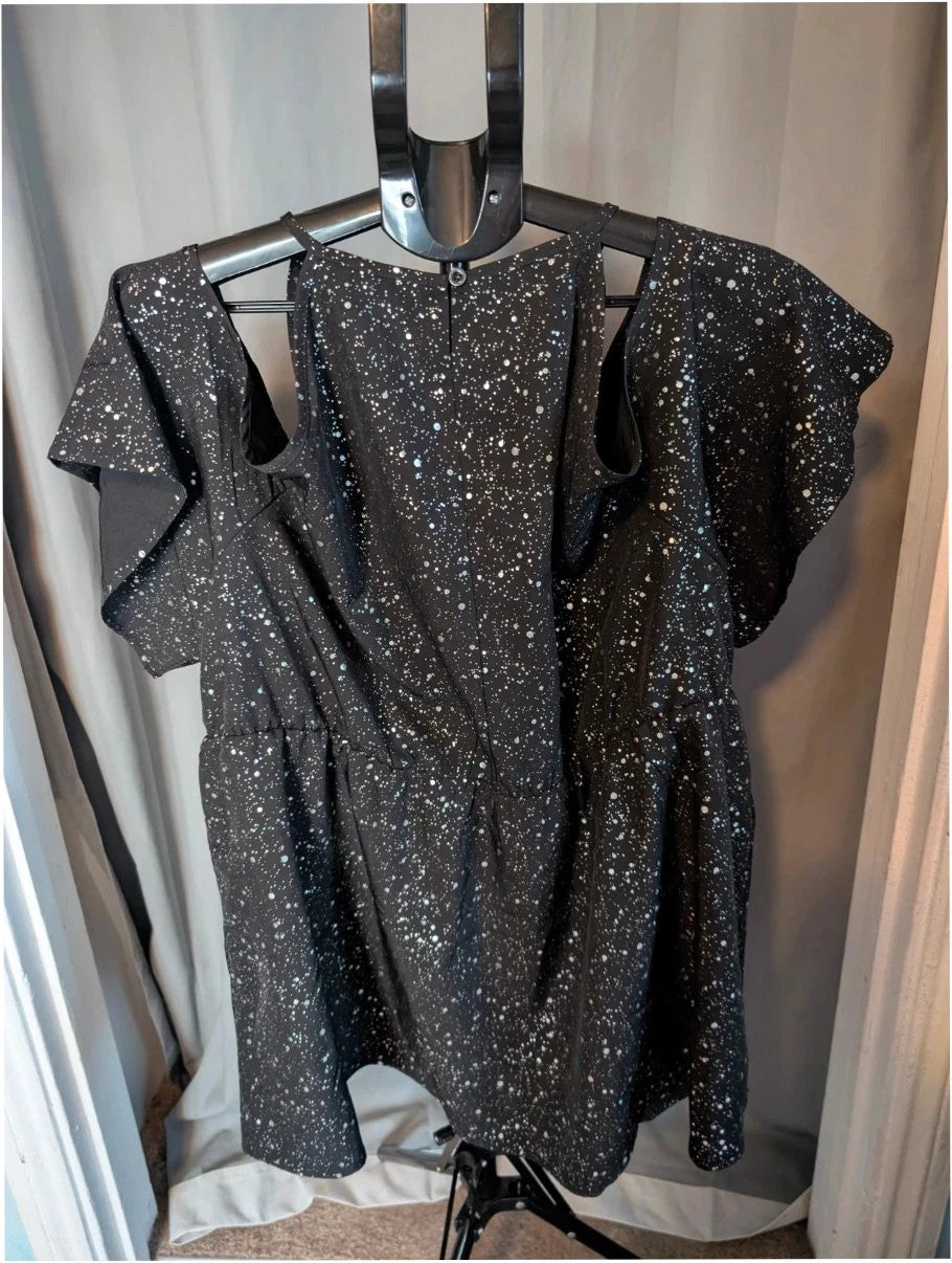 Shein Curve black cold shoulder blouse with silver shimmer, V-neckline and flutter sleeves.