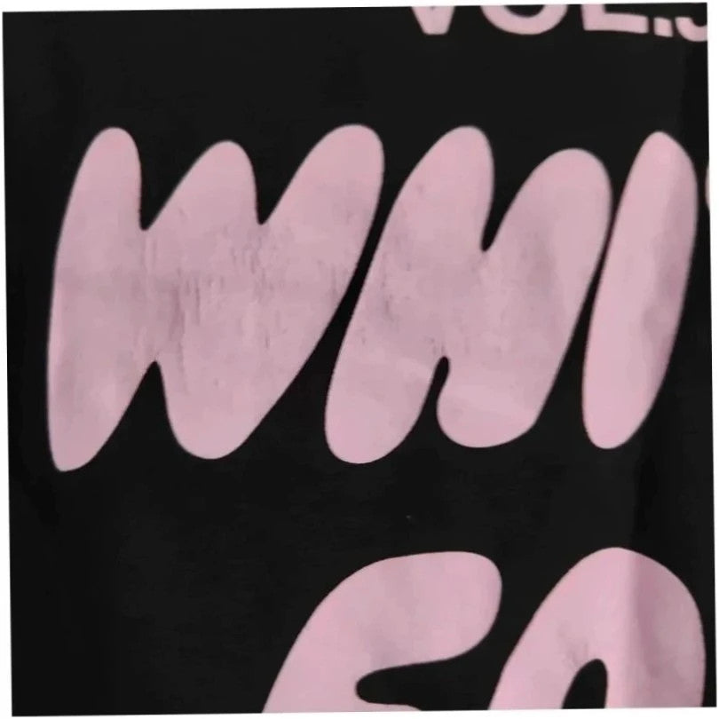 White Fox black graphic t-shirt with neon pink "Vol.3" logo and ribbed neckline.