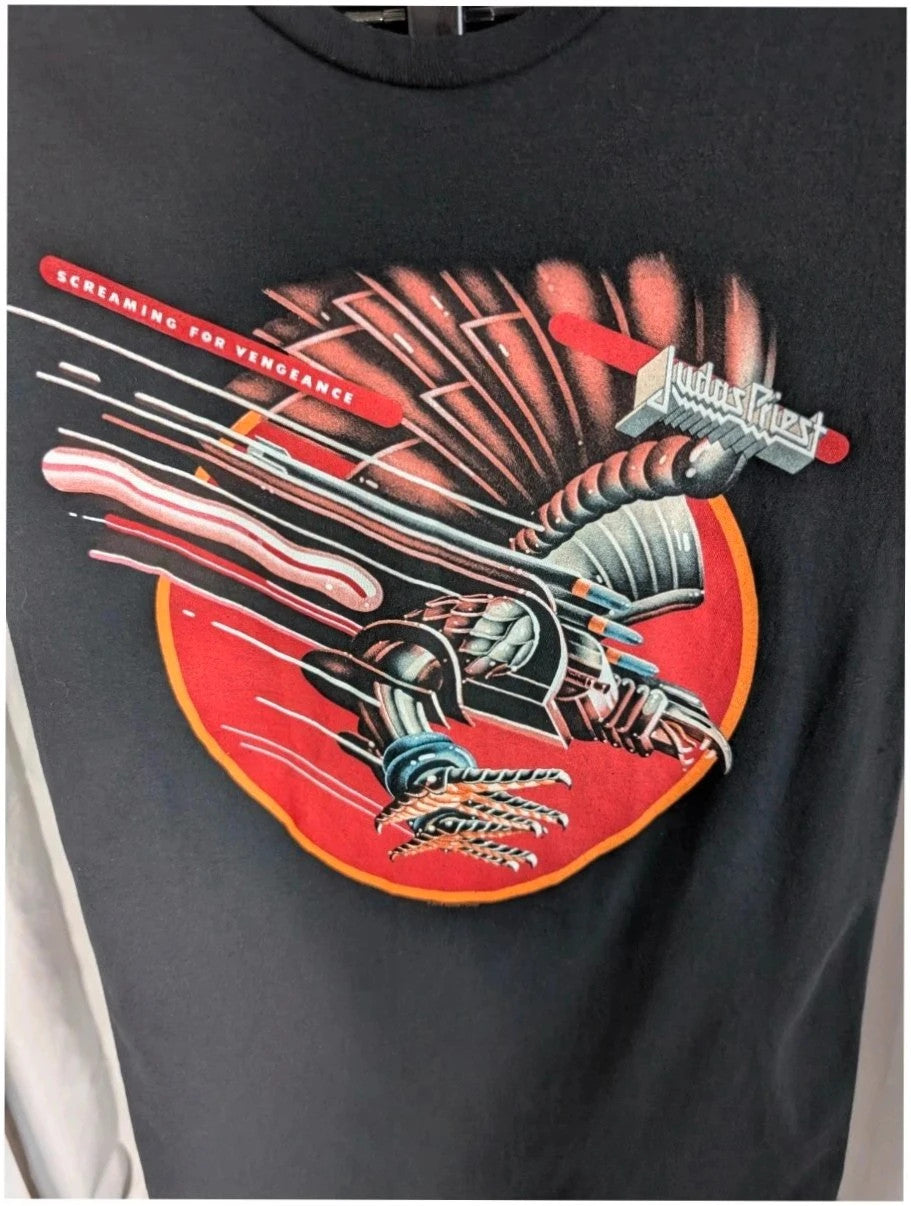 Judas Priest black graphic tee featuring red "Screaming for Vengeance" eagle artwork and logo.