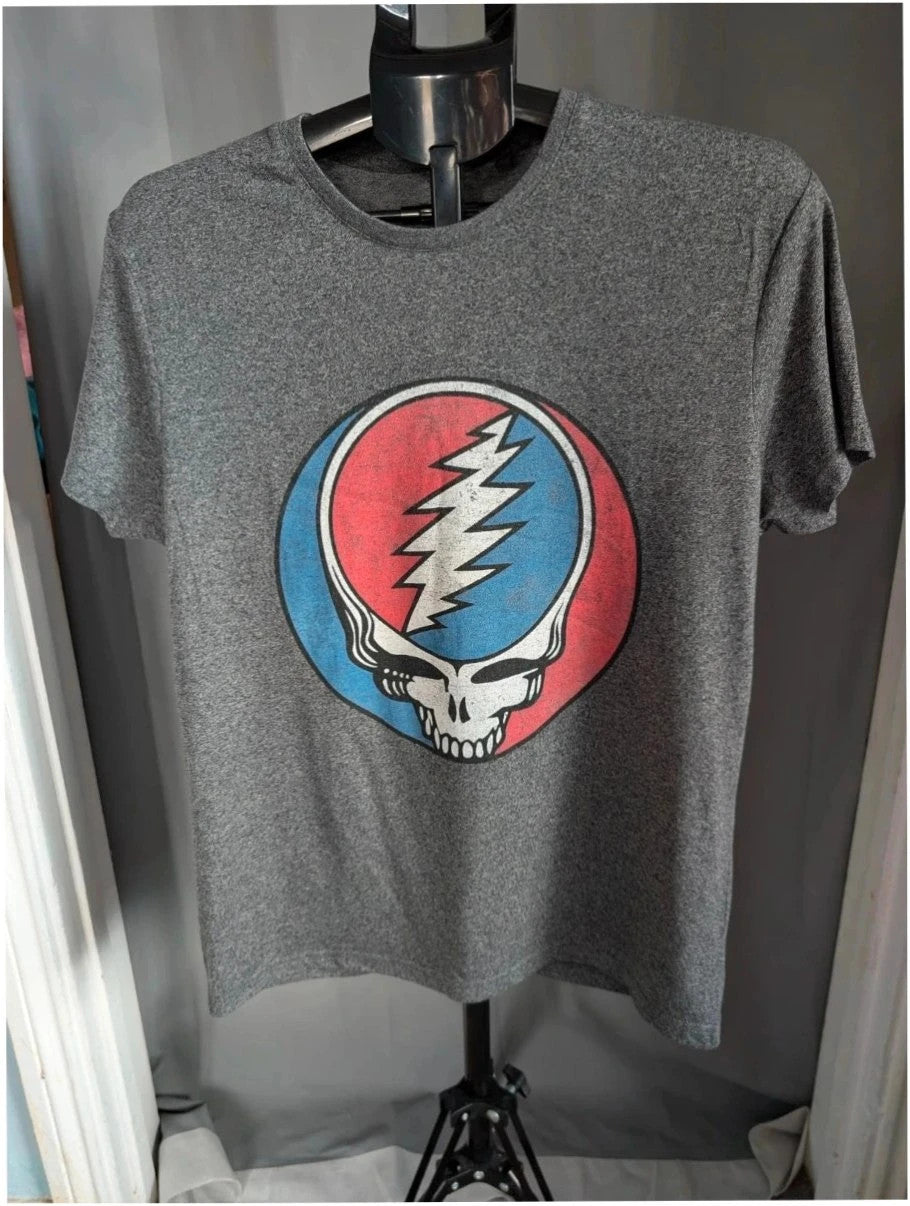 Grateful Dead grey graphic t-shirt featuring Steal Your Face skull and lightning bolt logo.