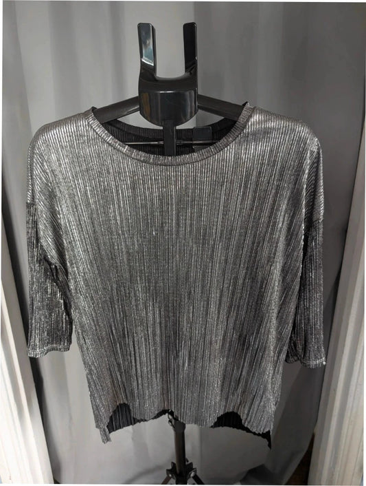 Bershka silver plissé pleated tunic top with scoop neckline and dropped shoulders.