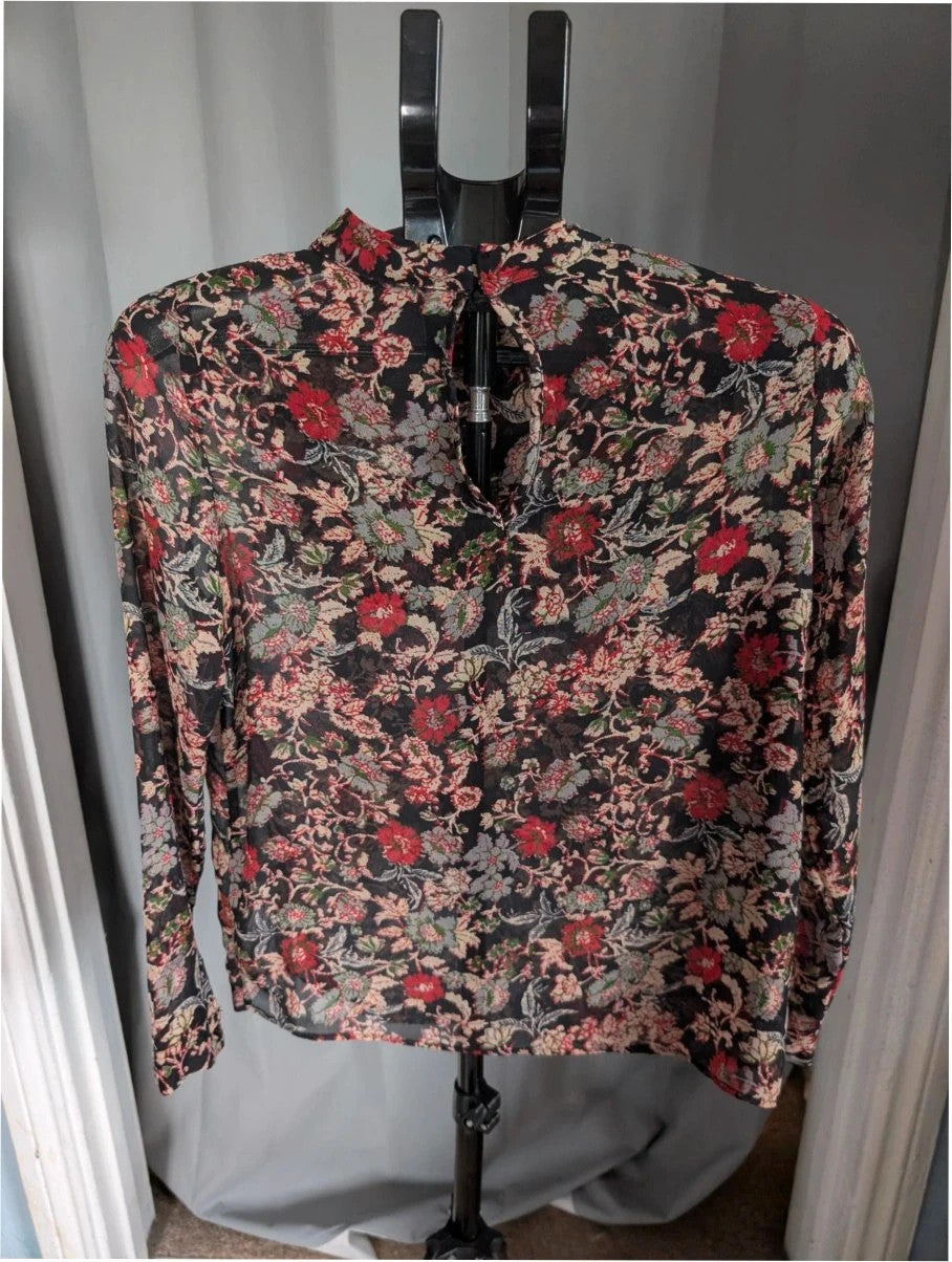 Zara black floral chiffon tunic blouse with tiered ruffle bib and crochet lace details.