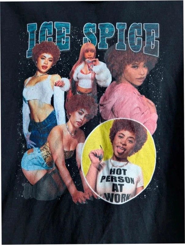 Gildan black graphic t-shirt featuring retro Ice Spice portrait print, heavyweight cotton.