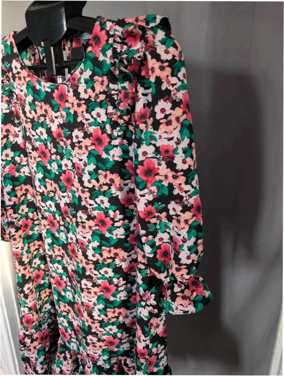 Papaya multi floral mini dress with ruffle shoulders, tiered hem, and keyhole back.