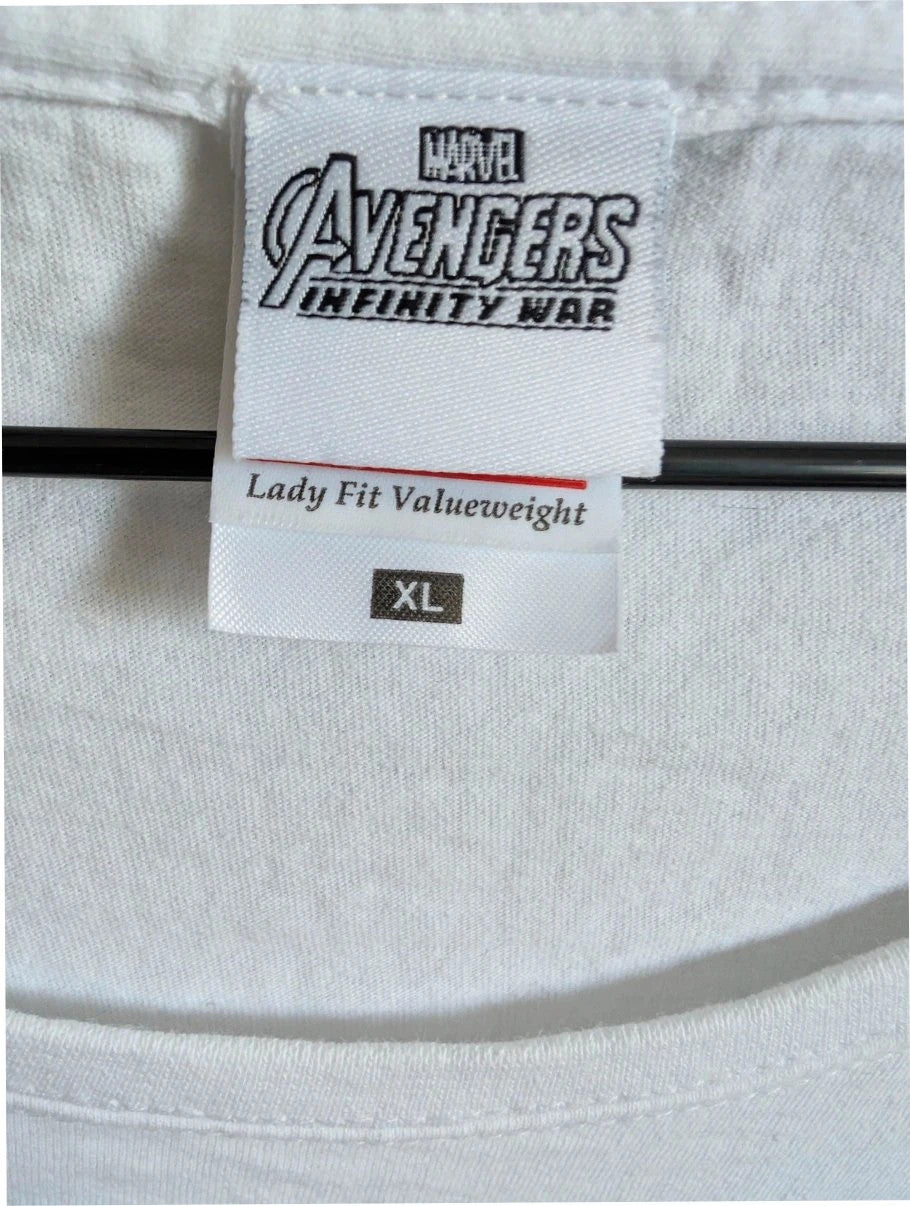 Marvel white graphic tee featuring Black Panther, Iron Man, and Captain America prints.