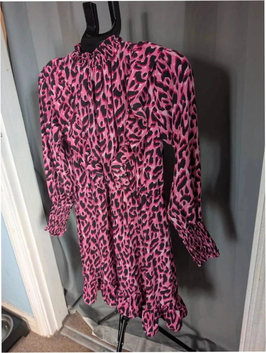 Savida pink and black leopard print mini dress with ruffle details and frill neckline.
