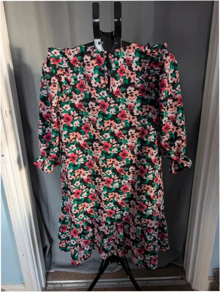 Papaya multi floral mini dress with ruffle shoulders, tiered hem, and keyhole back.