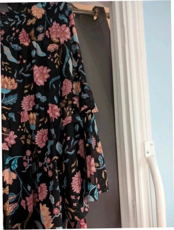 New Look black floral smock dress with bell sleeves and ruffle cuffs, semi-sheer chiffon.