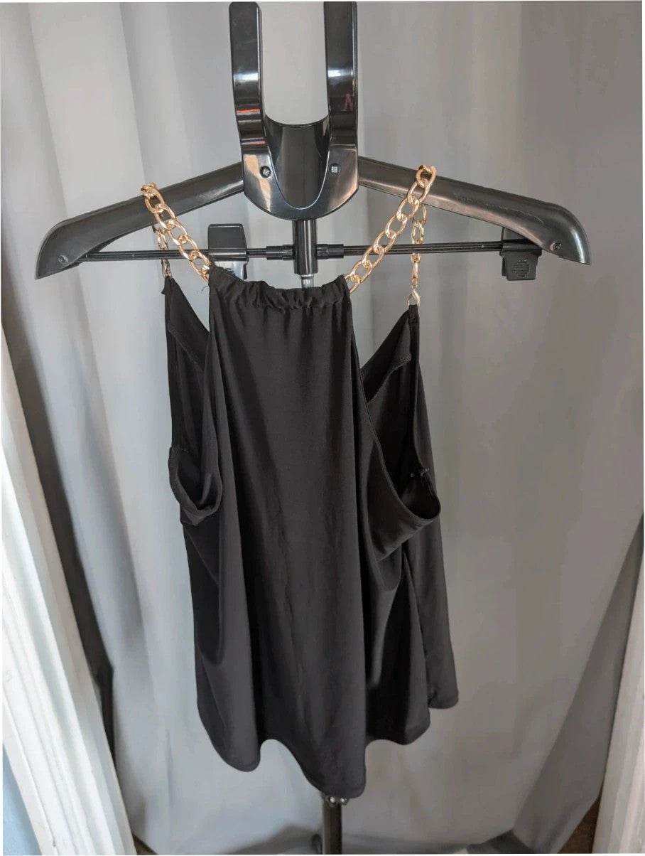 George black halterneck camisole top with chunky gold chain straps and V-neckline.