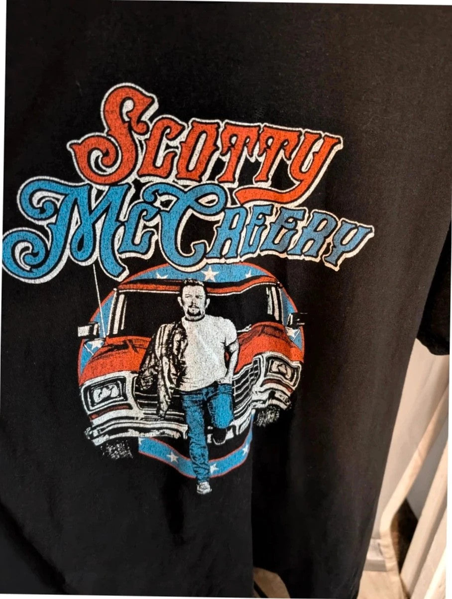 Scotty McCreery black graphic tee featuring retro artwork and US tour dates on back.