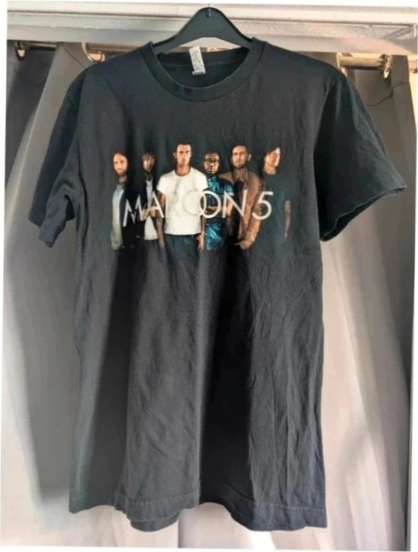American Apparel black graphic t-shirt featuring Maroon 5 band portrait and tour dates.