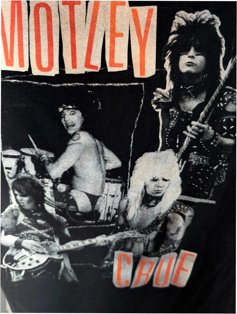 Mötley Crüe black graphic tee featuring retro collage artwork and red block logo.