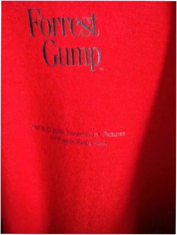 Forrest Gump red graphic t-shirt featuring number 44 print, 100% cotton, retro style.