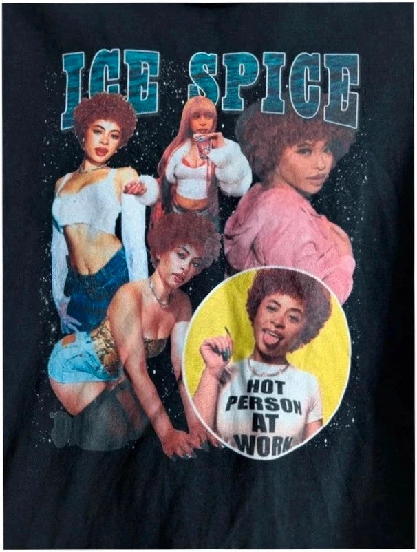 Gildan black graphic t-shirt featuring vibrant Ice Spice retro 90s print, heavyweight cotton.