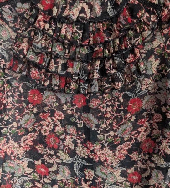 Zara black floral chiffon tunic blouse with tiered ruffle bib and crochet lace details.