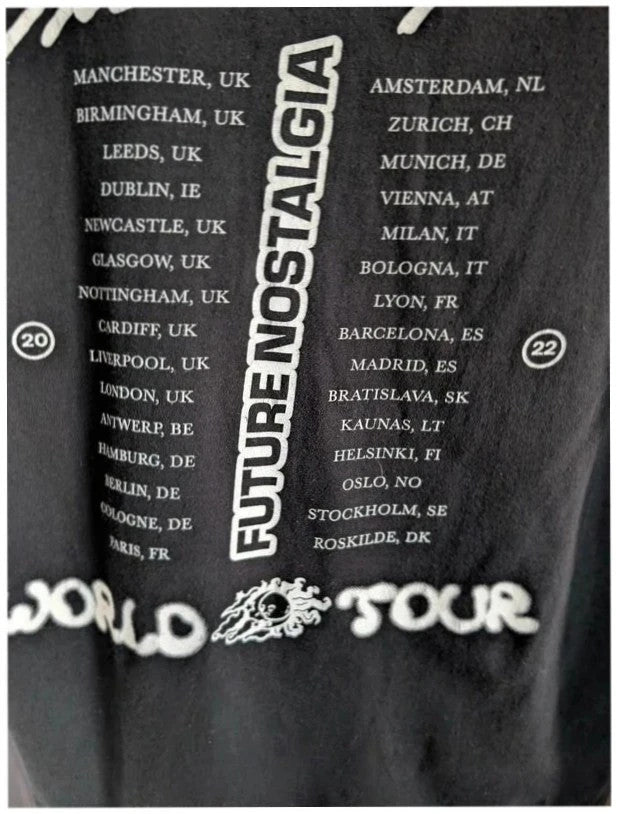 Dua Lipa black graphic tee with front polaroid print and back tour dates list.