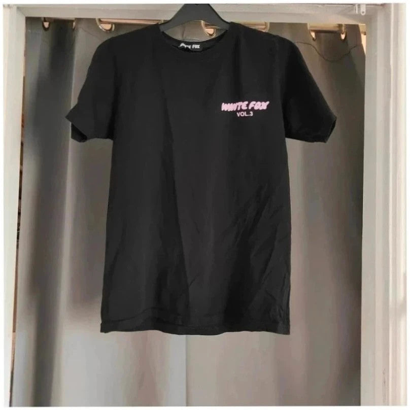 White Fox black graphic t-shirt with neon pink "Vol.3" logo and ribbed neckline.