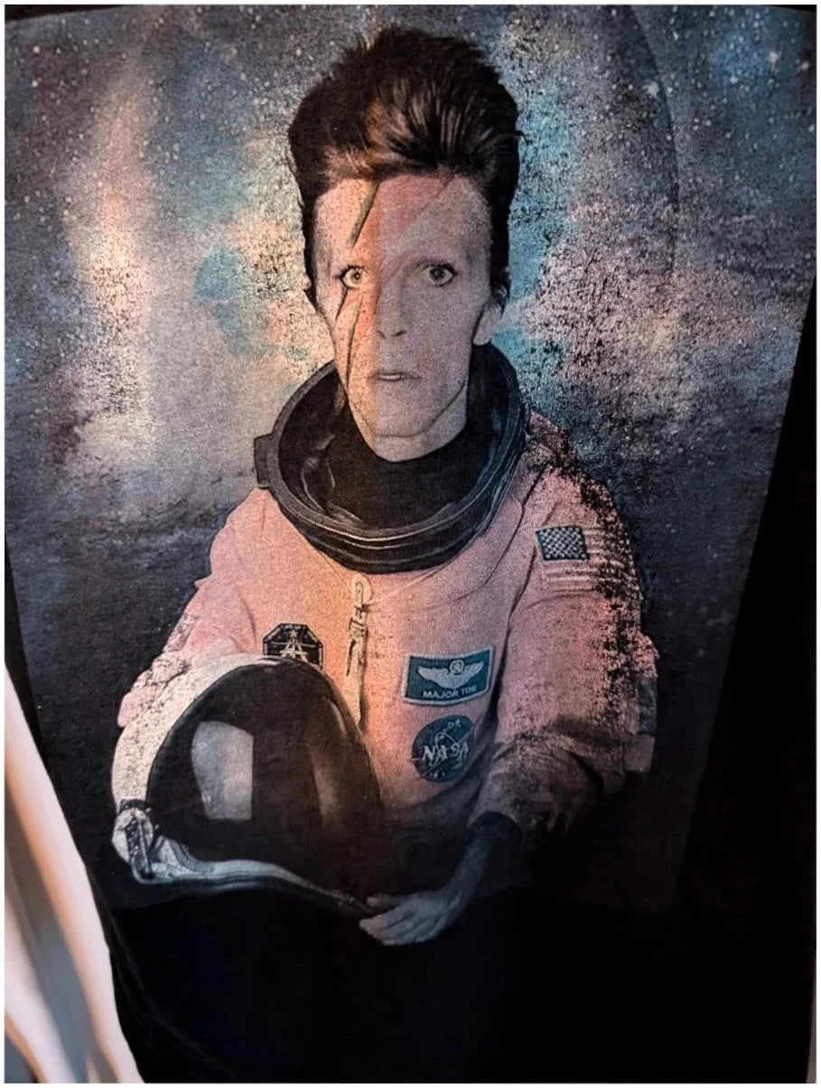 LaBarNa black graphic t-shirt featuring Ziggy Stardust astronaut print and lightning bolt design.