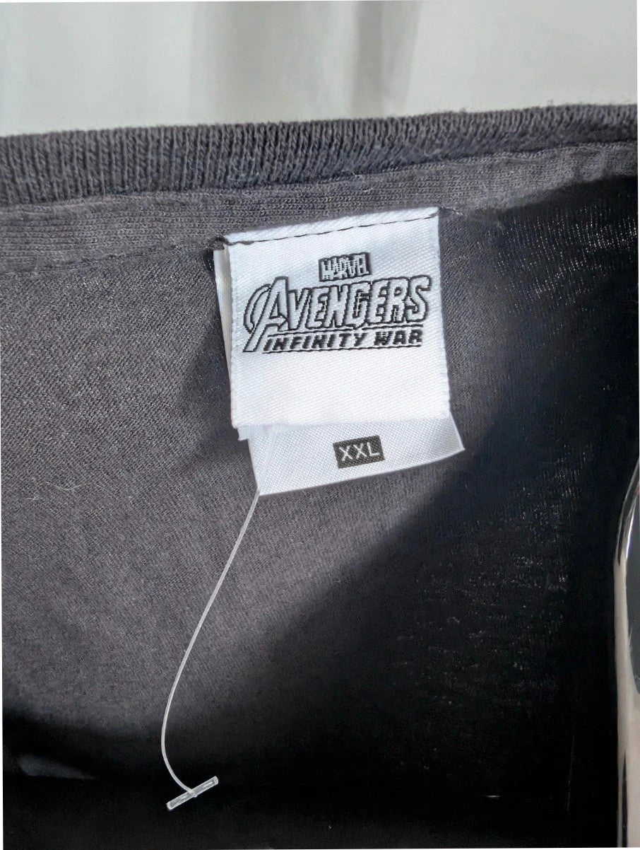 Marvel graphic tee black featuring Thanos and character collage in monochrome print.