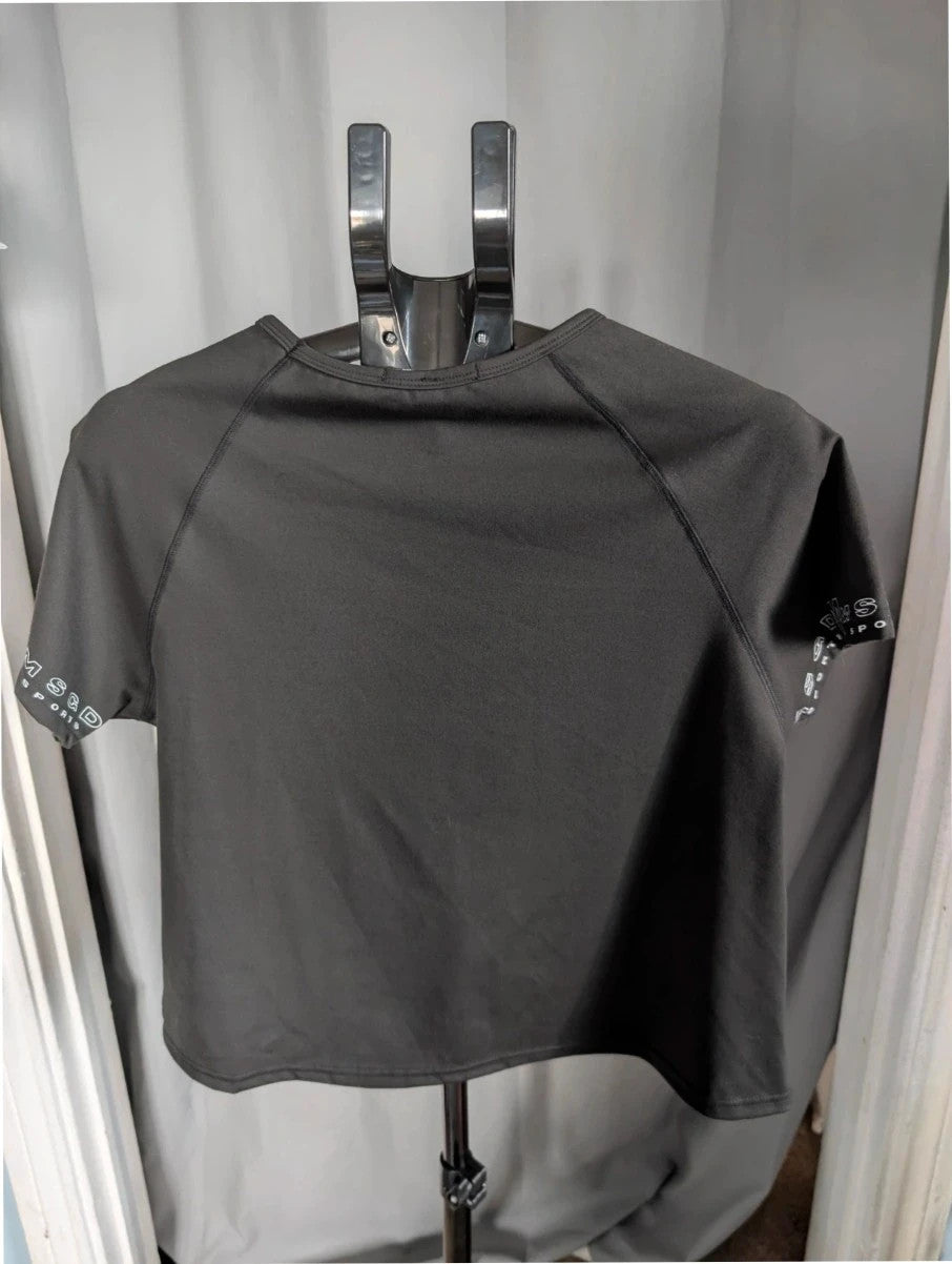 Missguided Plus black cropped gym top with white graphic logo and crew neckline.