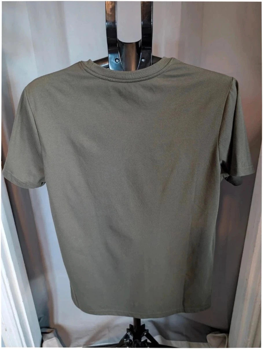 Sublime khaki graphic tee featuring distressed sun artwork and bold red gothic font.