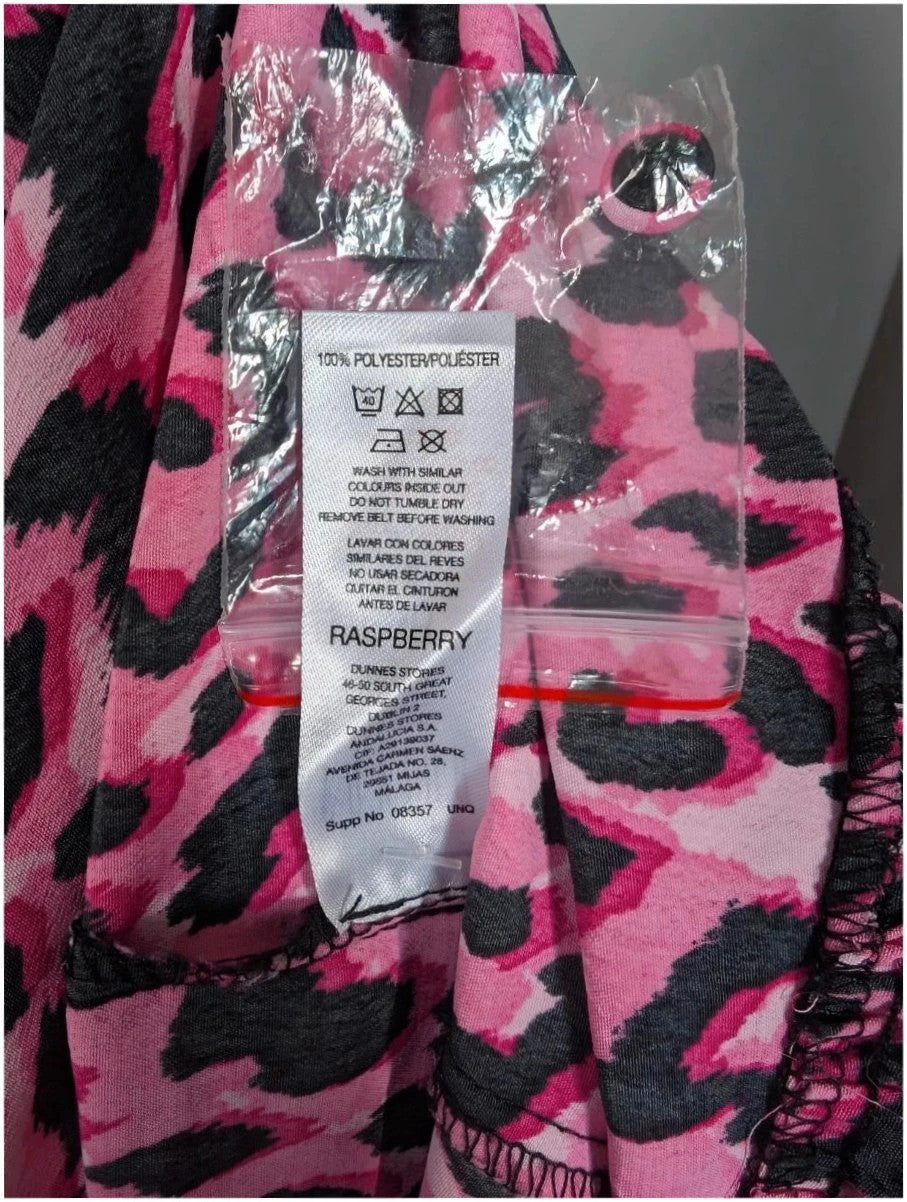 Savida pink and black leopard print mini dress with ruffle details and frill neckline.