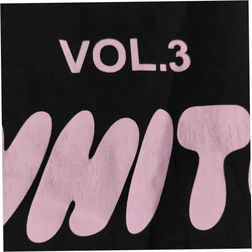 White Fox black graphic t-shirt with neon pink "Vol.3" logo and ribbed neckline.