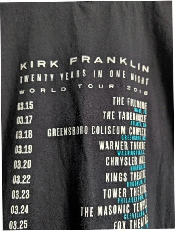 Gildan black graphic t-shirt featuring Kirk Franklin portrait and concert tour dates print.
