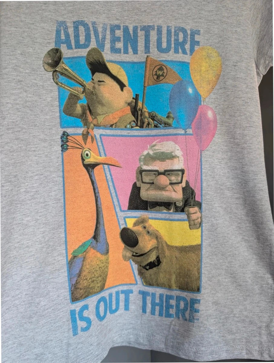 Disney grey marl pocket t-shirt featuring Adventure graphic with Carl, Russell, Dug, and Kevin.