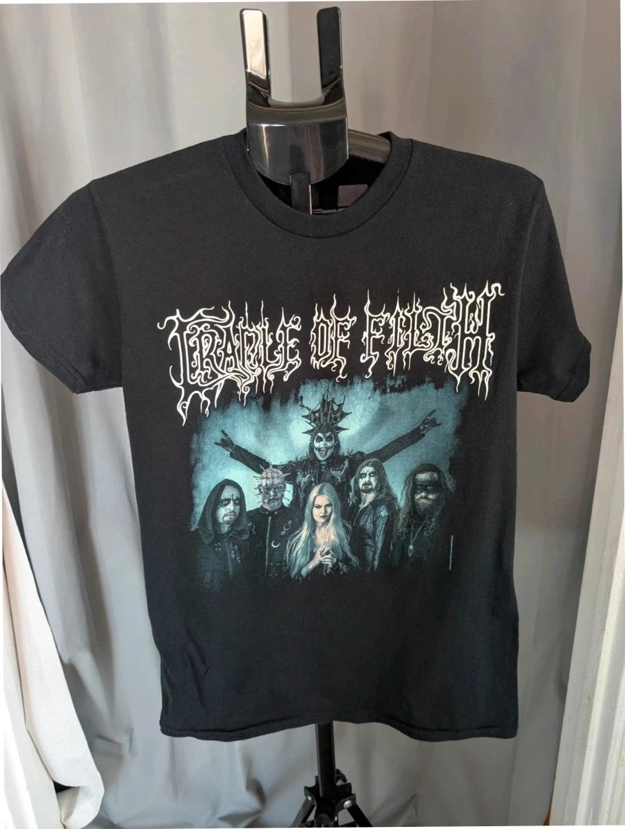 Official Cradle Of Filth black graphic tee featuring band portrait and tour dates on back.