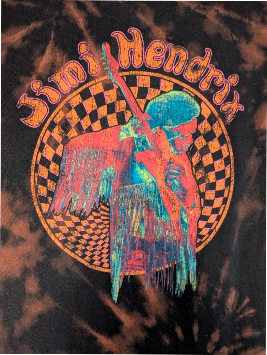 Hendrix graphic tee black bleach tie dye featuring vibrant Jimi Hendrix guitar design.