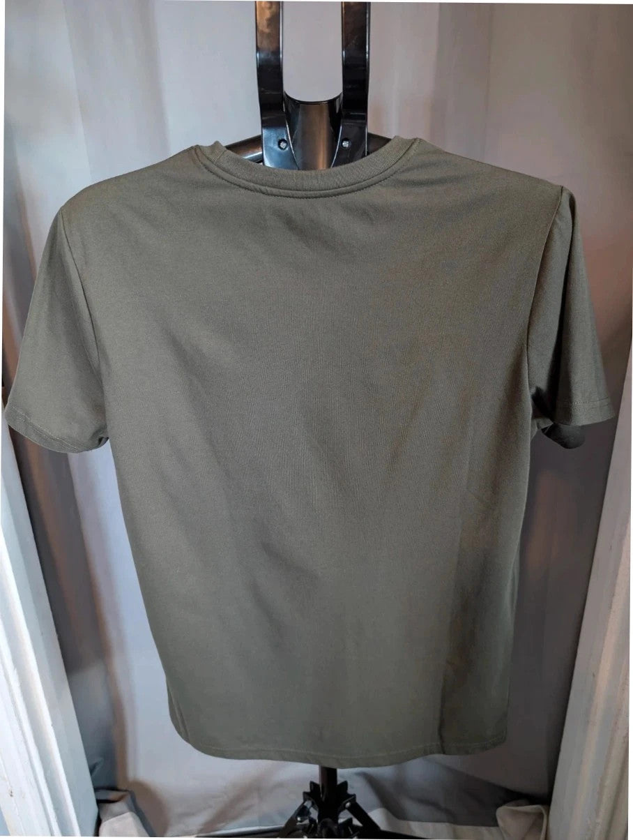 Sublime khaki graphic t-shirt featuring distressed sun artwork and bold red logo print.