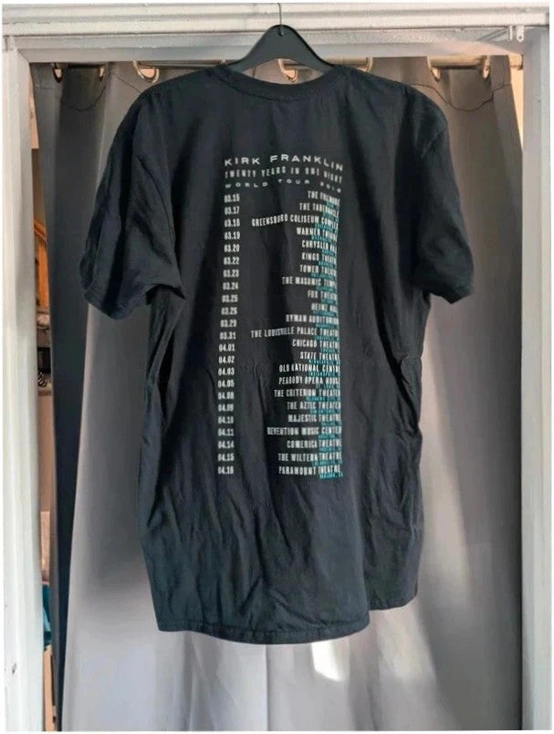 Gildan black graphic t-shirt featuring Kirk Franklin portrait and concert tour dates print.